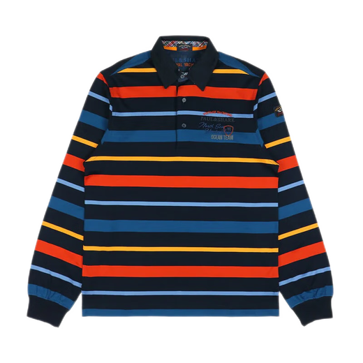 PAUL&SHARK (Paul Shark) men's long-sleeved POLO shirt, classic striped embroidered logo top, fashionable men's clothing, dark blue (blue, orange and yellow stripes) I14P1078 477 M size loose version