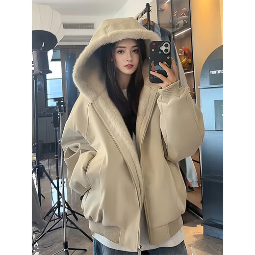 NYING plus velvet pu leather jacket men's winter new American fashion brand handsome hooded casual jacket thickened warm tops apricot XL (120-140Jin Jin equals 0.5 kg)