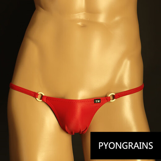 PYONGRAINS men's thong string silky thin ice silk high elastic semi-transparent sexy thong with low ring black S