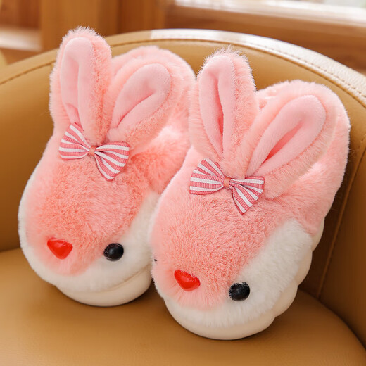 Tianmiaomiao girls' cotton slippers for autumn and winter, cute three-dimensional rabbit plush home shoes for children, thickened warm anti-slip slippers for girls, cute warm cotton slippers for girls, pink rabbit, size 30-31, inner length about 19cm/suitable for 5-7 years old