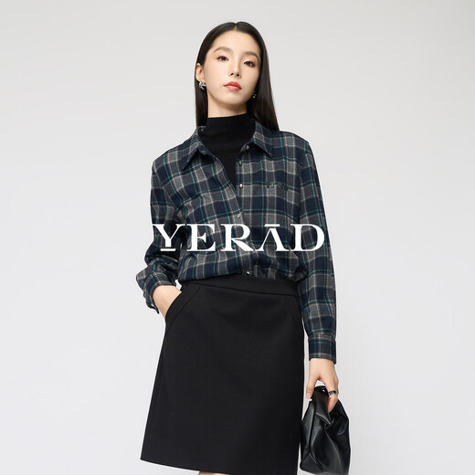 Yalida retro brushed blue plaid shirt for women 2025 autumn and winter new inner top loose shirt jacket blue plaid (B0) M