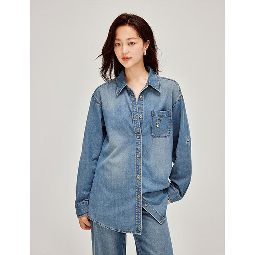 INMAN retro washed embroidered denim shirt 2026 spring women's new loose long-sleeved shirt top denim blue M