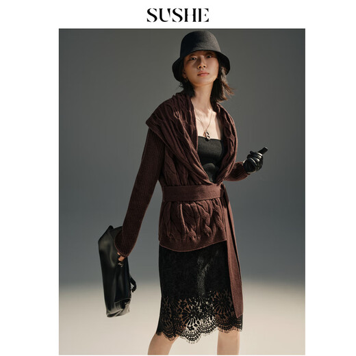 SUSHE Jiaohong special-shaped cable pattern multi-shape plus collar slimming wool cardigan jacket with belt for women