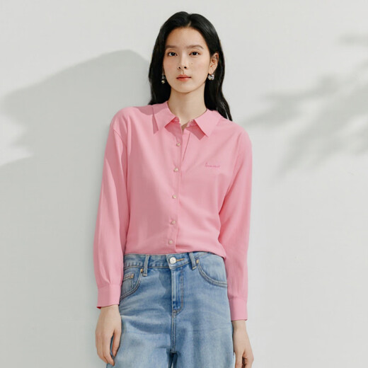 INMAN pure cotton commuting simple European style blue shirt for women 2025 summer versatile and comfortable embroidered back slit shirt lotus root pink L