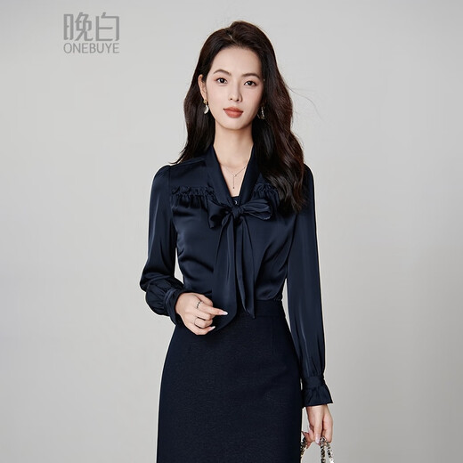 Late White New Product 2025 Autumn Solid Color Bow Tie Collar Top Elegant and Versatile Shirt for Women Dark Blue M