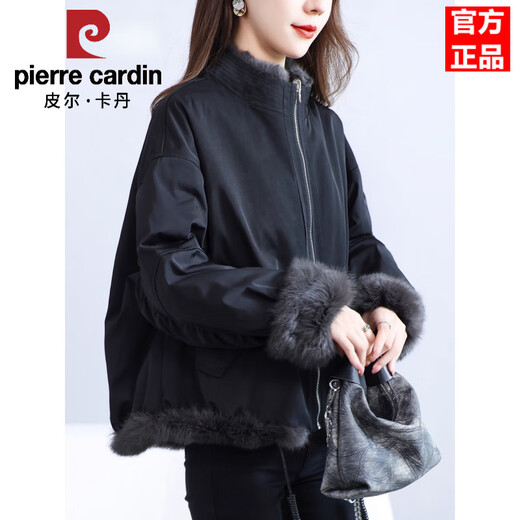 Pierre Cardin Whole Leather Genuine Rex Rabbit Fur Coat Women's 2025 Winter New Casual Western Style One-Purpose Reversible Party Overcoat Black L