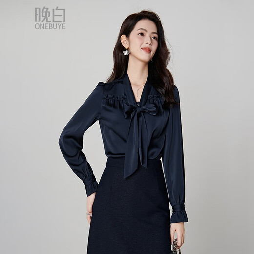 Late White New Product 2025 Autumn Solid Color Bow Tie Collar Top Elegant and Versatile Shirt for Women Dark Blue M