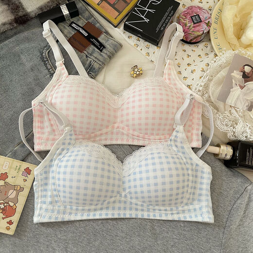 Underwear for female students, Korean version of girl's bra without rims, small breasts gathering, anti-sagging, secondary breasts, sexy pure desire tube top, light blue + pink XL 38/85