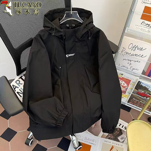 Woodpecker Charge Jacket Men's Autumn and Winter Trendy Loose Casual Hooded Jacket Youth Outdoor Sports Mountaineering Tops Black XL