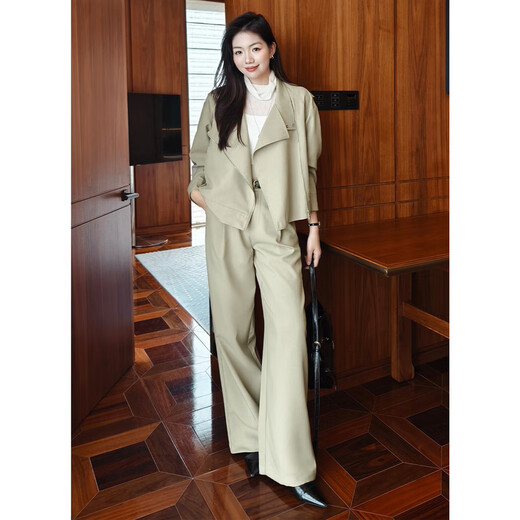 MEIYANG Melbourne No. 6 Suit Hemp texture commuting casual lapel jacket trousers cool temperament autumn new gray green (jacket + casual pants regular version) S