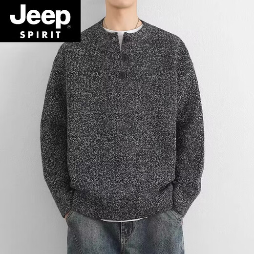 JEEP SPIRIT 2025 new sweater gray American retro Henry collar sweater men's winter lazy style knitted sweater cl light gray M