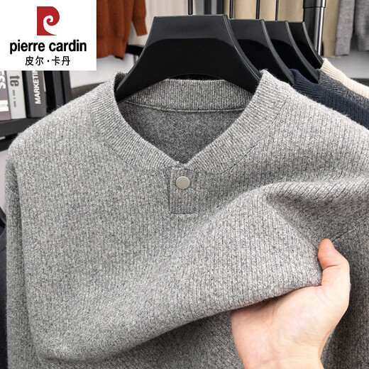 Pierre Cardin 2025 Henry Collar Long Sleeve Sweater Men's Pullover Sweater Bottoming Button Sweetheart Neck Top Autumn and Winter Light Gray XL