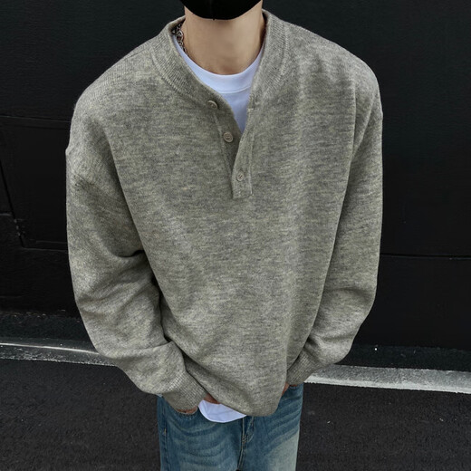Wooden clear sense American Henry collar sweater men's autumn and winter cool and lazy old money style sweater sweater jacket floral gray M