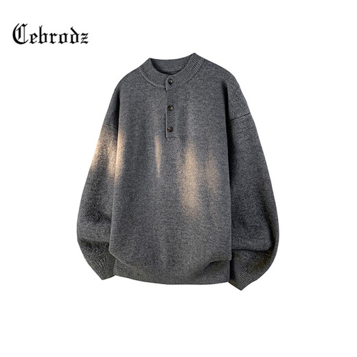 Cebrodz French sweater men's autumn and winter new American sweater Henry collar loose coat versatile casual tops light gray L