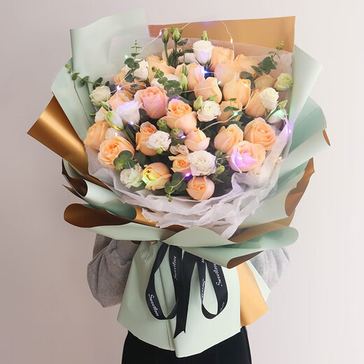 Lingxiang Flower Express Champagne Rose Bouquet Confessing Love to Girlfriend and Wife Birthday Gift Nationwide Delivery 33 Champagne Rose Bouquet Goddess Style