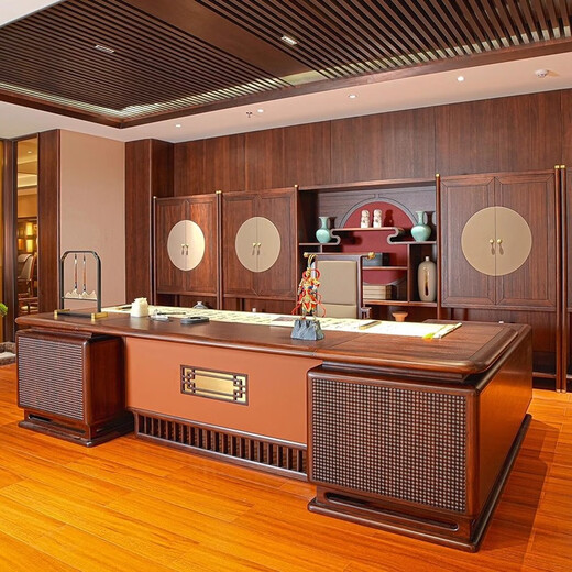 Solid wood executive desk boss desk light luxury high-end ebony wood president desk chairman new Chinese style desk customization 2.4 meters desk with side cabinet/ebony wood