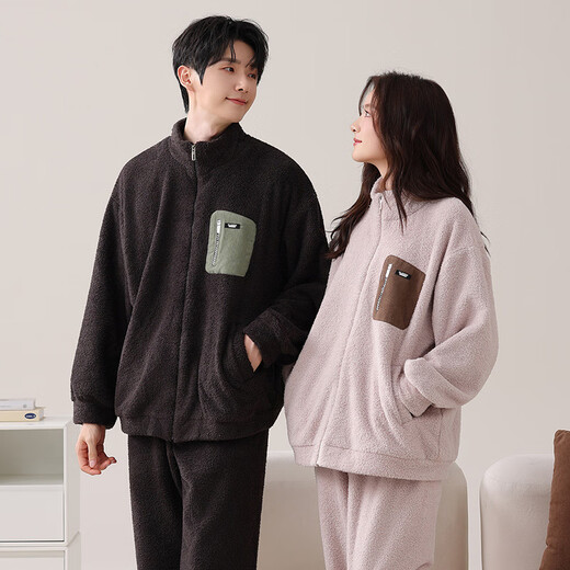 Imanan snowflake velvet couple pajamas for women winter thickened cardigan zipper warm casual men can be worn outside home clothes suit 5912 L women's style