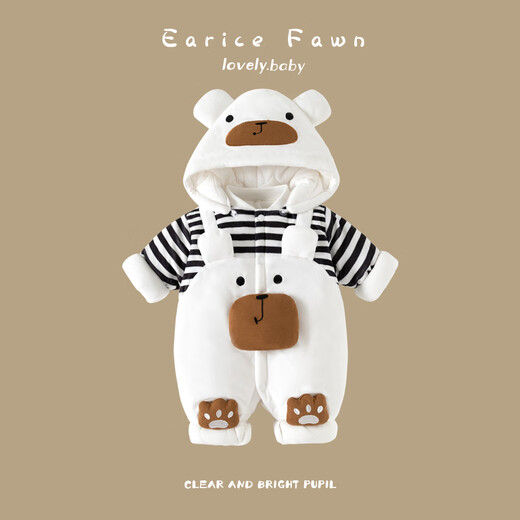 溜溜果婴儿衣服冬季夹棉加厚新生儿0-3个月男女宝宝厚款连体衣棉服冬装6 暖绒 背带小熊 59cm 适合9斤以内宝宝穿