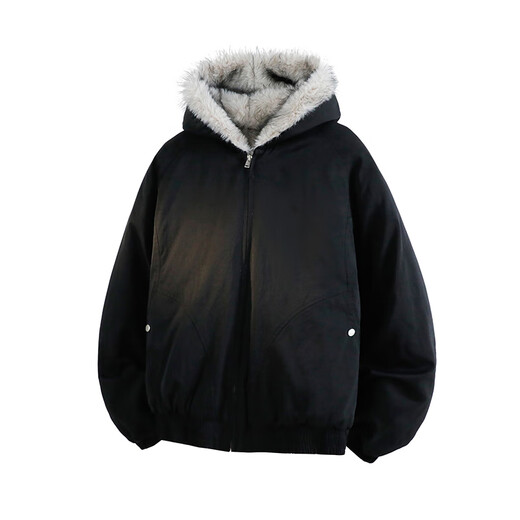 VUUG high street fur collar cotton coat for men and women in winter loose plus velvet and thickened mountain sculpture style overcoat cotton coat black L