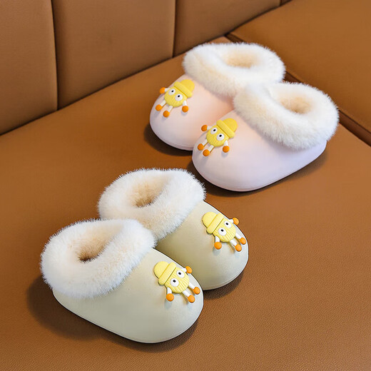 Children's cotton slippers for autumn and winter outer wear cartoon briquettes for girls and boys indoor home warm bags with cotton shoes waterproof khaki-small briquettes waterproof thick velvet 18 (28-29) shoe inner length 18cm/foot length 17