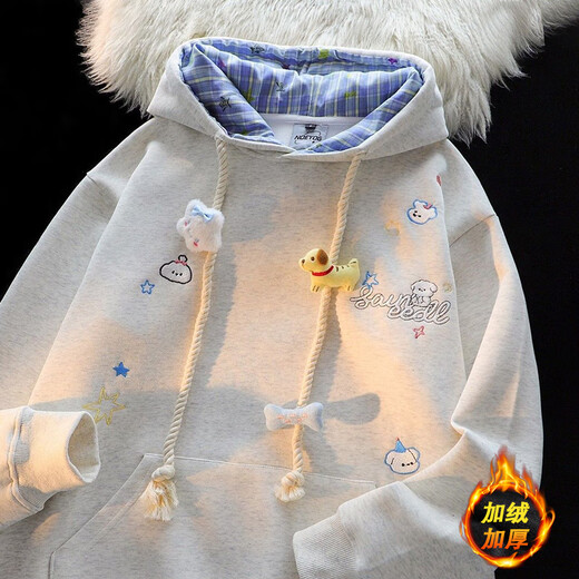 Cantu American embroidered hooded sweatshirt for women in autumn and winter loose lazy style velvet thickened jacket design casual top gray velvet style M