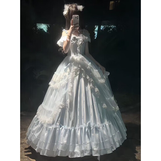 Blue lolita skirt evening dress for women 2025 new sexy student day coming of age ceremony princess wedding dress blue dress + collar + butterfly tail + bustle S