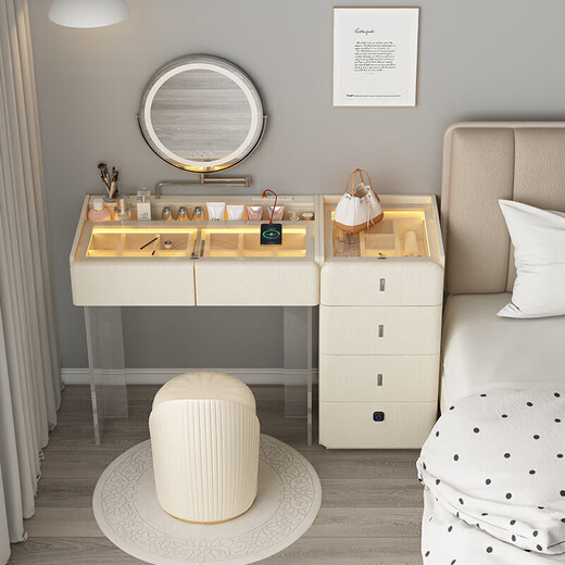 Tinimia bedside dresser desk two-in-one small apartment bedroom bedside cabinet integrated laptop desk with socket 1.1 meter dresser cabinet + makeup stool丨embedded high-power power strip Side cabinets can be installed left and right - placed as needed