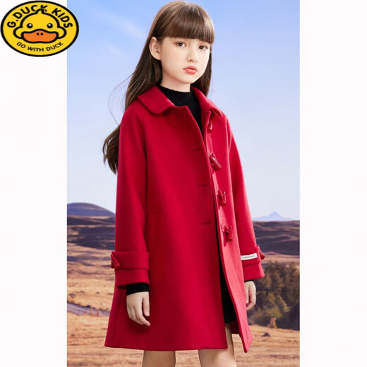 G.DUCKKIDS Girls' Woolen Coat Autumn and Winter Fashionable Red New Year's Clothes Middle-aged Girls' Woolen Coat Thickened Cotton Red Single Layer 150 Height 140-145cm 11-12 years old