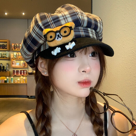 Tuzun Cute Cartoon Glasses Bear Plaid Octagonal Beret Women's Versatile Big Head Circumference Showing Face Little Duck Tongue Painter Hat Plaid Bear One Size