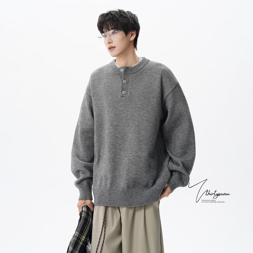 V37 American retro Henry collar sweater for men in autumn trendy brand cleanfit loose casual sweater jacket trendy light gray M