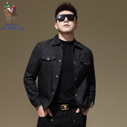 ROYAL PALM POLO SPORTS CLUB European fashion brand plaid jacquard work jacket men's spring and autumn new casual top lapel jacket men's black 4XL recommended weight 165-180Jin Jin equals 0.5 kg