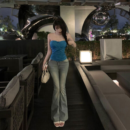 Liuuheeheea niche design tube top slimming slim net celebrity ins solid color versatile slim sleeveless top blue S