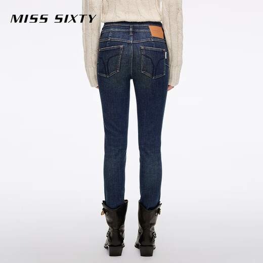 MISS SIXTY2025 Winter New Composite Velvet Jeans Women's Double Button Waist Slimming Small Feet Pencil Pants Dark Blue 24
