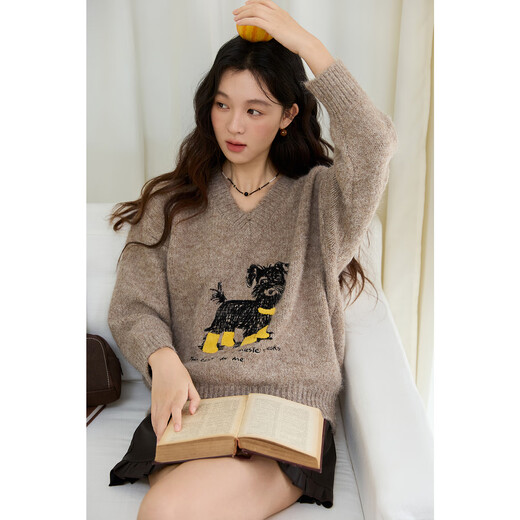 Mystery Show Oatmeal Camel Sweater Women's 2025 Autumn and Winter New Women's Puppy Embroidered Alpaca Wool Loose Casual Sweater Oatmeal Camel One Size