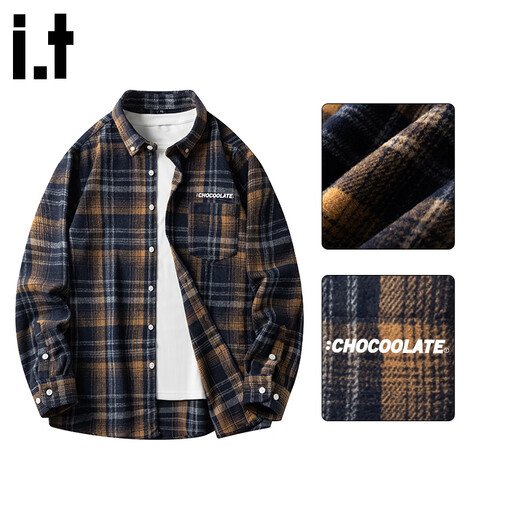 CHOCOOLATEit striped plaid long-sleeved shirt for men spring and summer new American retro casual shirt jacket navy blue XL