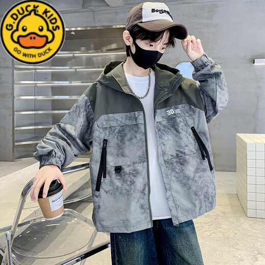 G.DUCKKIDS Boys' Spring and Autumn Jackets 2025 New Children's Jacket Tops Medium and Large Children's Windproof Tops Boys Internet Celebrity Style Stitching Camouflage Black 160 cm