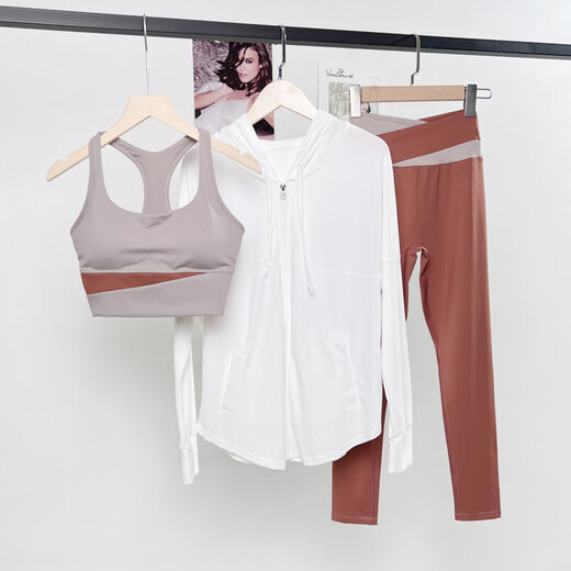 LI NING Li Ning Flagship Store Autumn and Winter New Style Yoga Suit with Breast Pads for Women Running Contrast Color Pilates Sports Fitness Milk Coffee Two-piece Set M