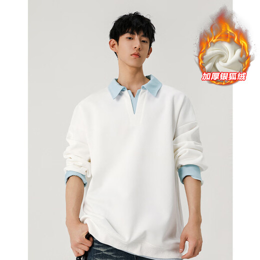 Extraordinary heavyweight thickened silver fox velvet spliced fake two-piece lapel Henry collar sweatshirt for men in autumn and winter large size loose bottoming shirt black plus velvet M