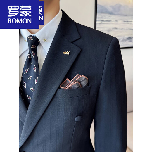 ROMON double-breasted suit men's business professional formal fit groom wedding suit fashionable British navy blue three-piece suit + vest + pants shirt 7XL 64205-220Jin Jin equals 0.5 kg to wear