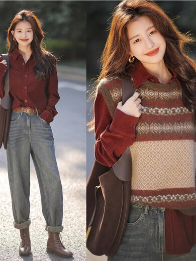 Xiaohongshu's popular Maillard fashion suit women's autumn and winter 2024 new vintage knitted vest vest matching shirt S autumn outfit with a complete set b one size