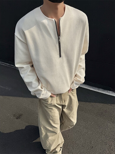 Light gray Henry collar long-sleeved T-shirt for men, spring and autumn trendy brand casual bottoming shirt, American heavy sweatshirt DSA001-T24549 White M