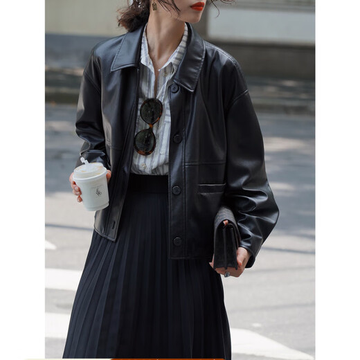 LE BEMIO line drawing workshop 2025 new black loose short leather jacket for spring leather jacket for women black pre-sale M