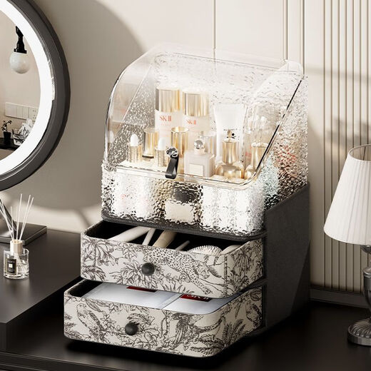 Vipero Makeup Brush Storage AKBK Cosmetic Storage Box Desktop Large Capacity Dustproof Dressing Table Lipstick Skin Care Product Flip Medieval Style Virgin Forest-Double Drawer + Flip Transparent Dustproof Box Leather + Density Board No Odor