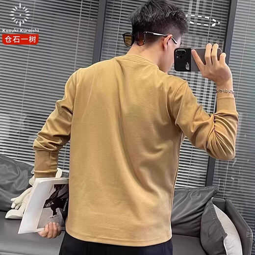 KAZUKI KURAISHI Kazuki Kuraishi trendy brand solid color Henley round neck sweatshirt men's spring and autumn new fashion casual long-sleeved clothes black 3XL 162-175Jin Jin is equal to 0.5 kg