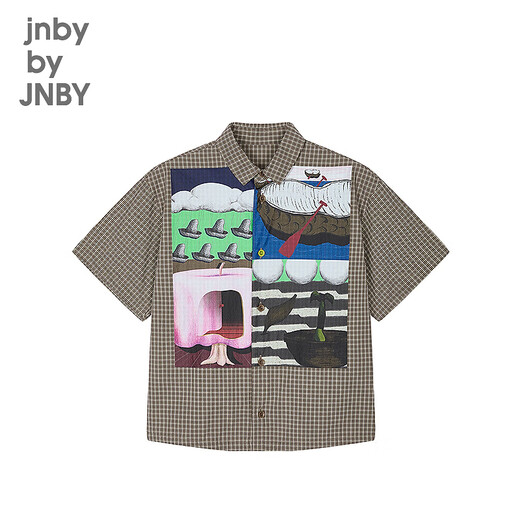 Jnby by JNBY Same style as the show, new Jiangnan Buyi children's short-sleeved shirt H-shaped cotton 25 autumn boys and girls 1P7211720 964/khaki coffee strip/grid 110 cm