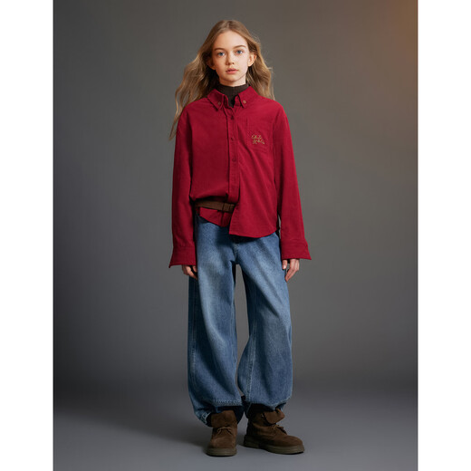 ELLE KIDS Children's Clothing Contrast Color Embroidered Long Sleeve Horse Year New Year Red Shirt Girls Autumn and Winter Corduroy Casual Versatile Top New Year Red 160 (S)