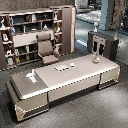 Boss desk CEO desk simple modern office furniture high-end light luxury executive desk table and chair combination LED light 2.4 meters boss desk short cabinet