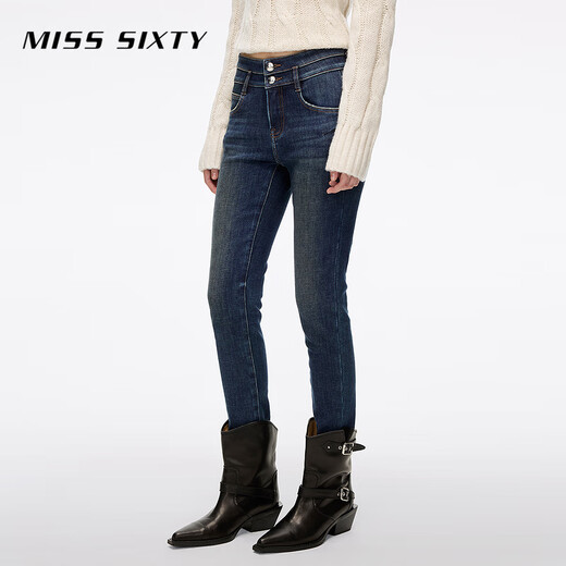 MISS SIXTY2025 Winter New Composite Velvet Jeans Women's Double Button Waist Slimming Small Feet Pencil Pants Dark Blue 24