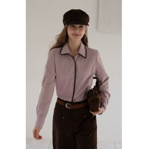 EGGKA contrasting edge gray pink lapel long-sleeved shirt temperament slim commuter casual top E25A60137AF gray pink M