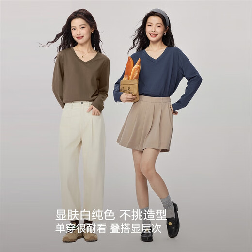 Giordano T-shirt women's basic comfortable inner layering shirt pure cotton solid color V-neck long-sleeved t-shirt women 13322759